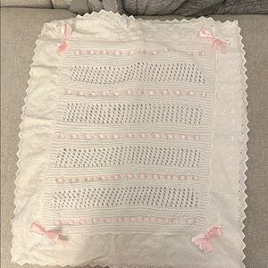 Hand Knit White and Pink Lace Baby Blanket